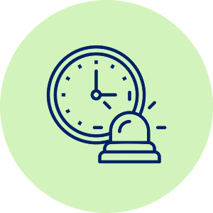 Clock and alarm bell icon, green background.
