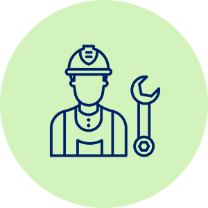 Worker icon with wrench on green background.