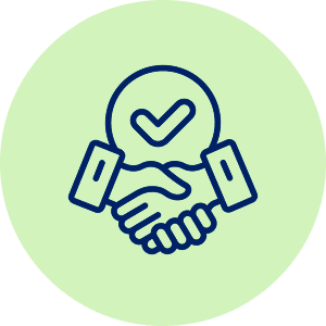 Handshake icon with checkmark on green background.
