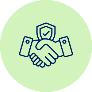 Handshake with shield icon, green background.