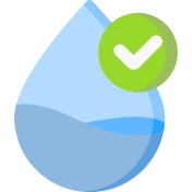 Water droplet with green check mark.