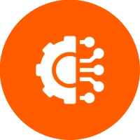 White gear with circuit lines, orange background.