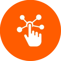 Hand touching network icon on orange background.