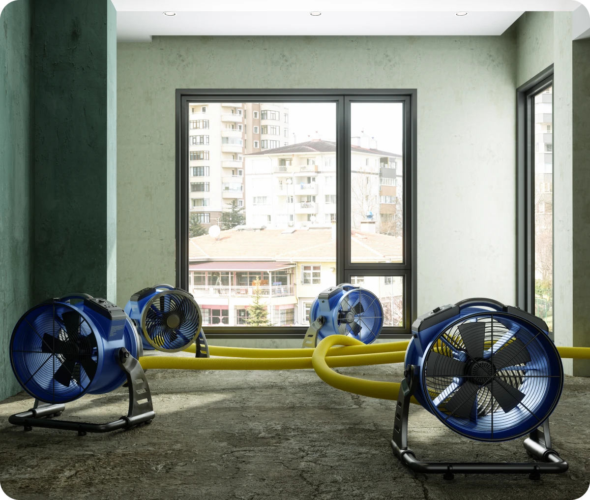 Industrial fans and hoses in empty room.