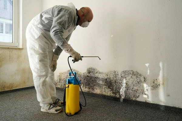 Person in protective gear treating moldy wall.