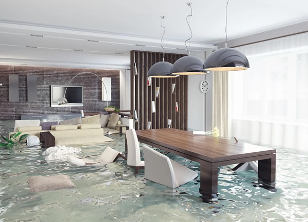 Flooded modern living room with floating furniture.