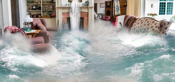 Flooded living room with ocean waves inside.
