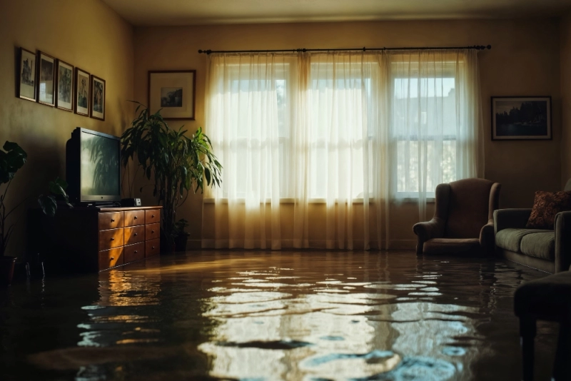 Living room flooded with water and sunlight.