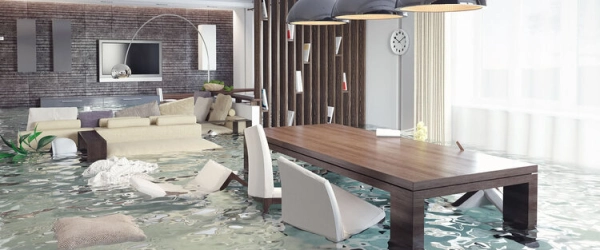 Flooded living room with floating furniture.