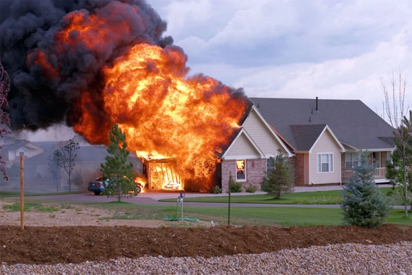 House engulfed in flames with smoke rising.