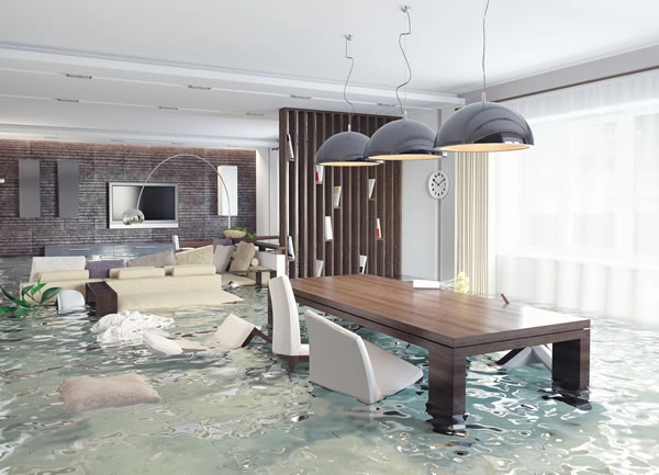 Flooded modern living and dining room.