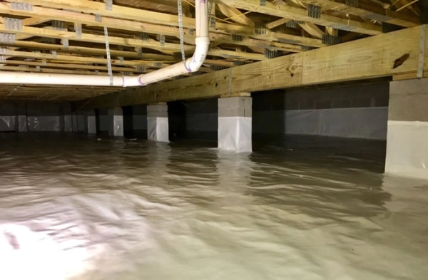 Flooded crawl space with wooden beams above.