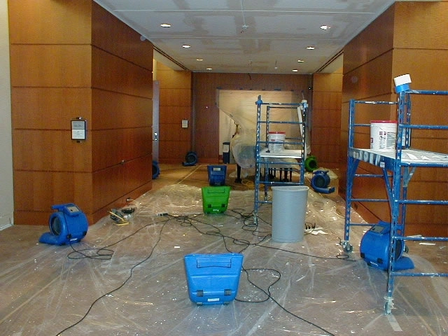 Hallway undergoing renovation with equipment and scaffolding.