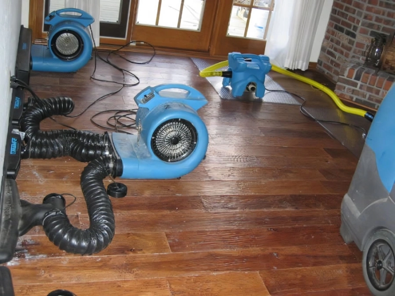 Air movers drying wooden floor indoors.
