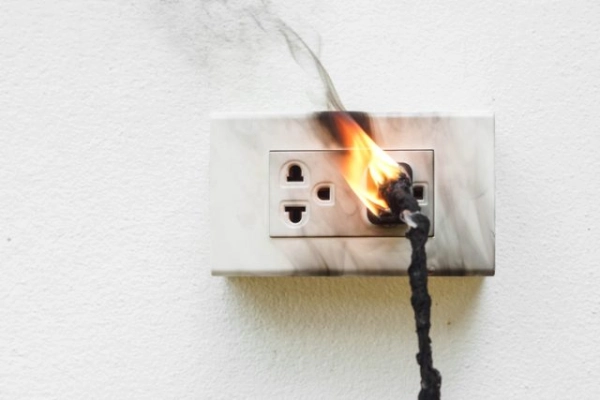 Electrical outlet with a burning plug.