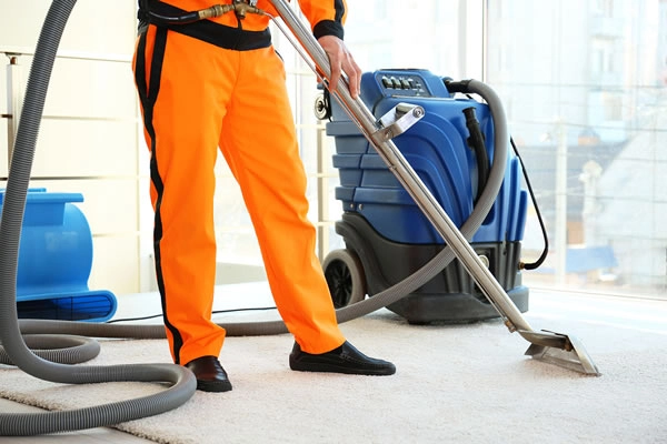 Person vacuuming carpet with cleaning machine.