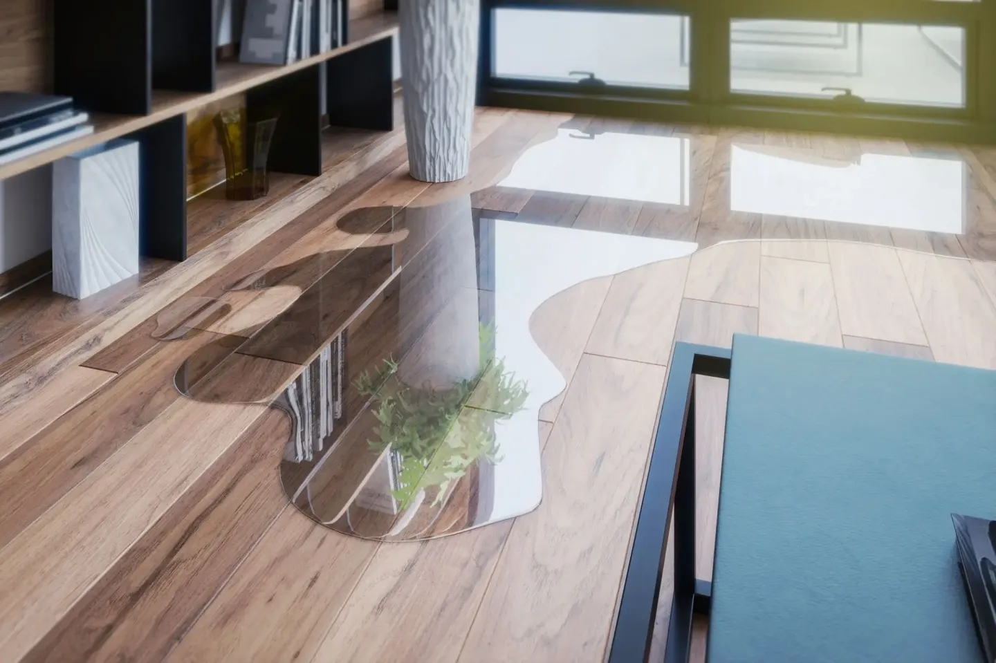 Living room with a wooden floor and a glass table, a flower vase, books, and other objects on the shelves